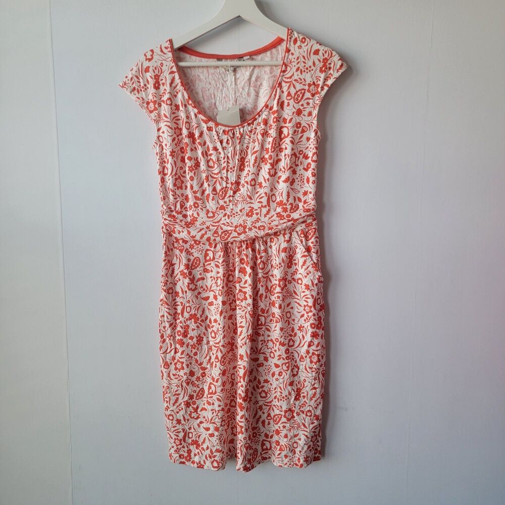 Boden womens Floral Margot Jersey Dress sz 6R Red pockets ScoopNeck cup sleeve